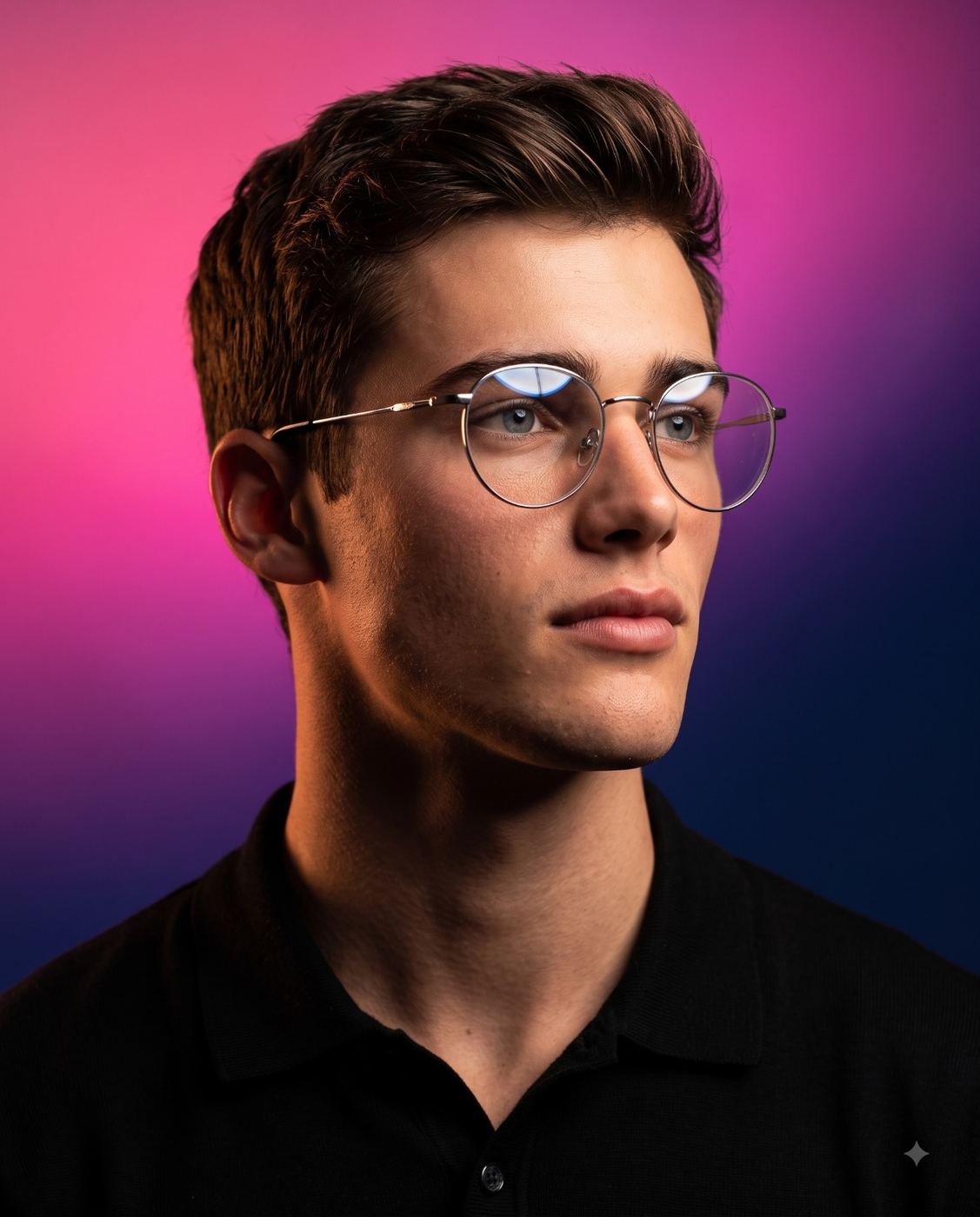 Man in Glasses Neon Gradient Studio Portrait AI Photo Editing Prompt. AI generated studio portrait of a young man wearing round glasses and a black polo shirt against a vivid pink-to-blue gradient background.
