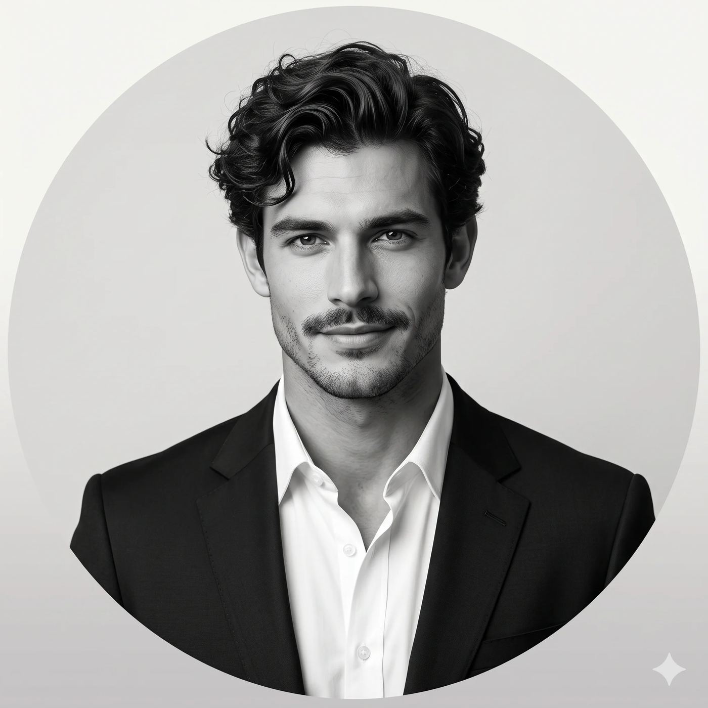 LinkedIn Profile Picture AI Photo Editing Prompt. AI-generated professional black and white studio portrait of a handsome man, wearing a black suit and an open white shirt, within a circular frame against a neutral gradient background.