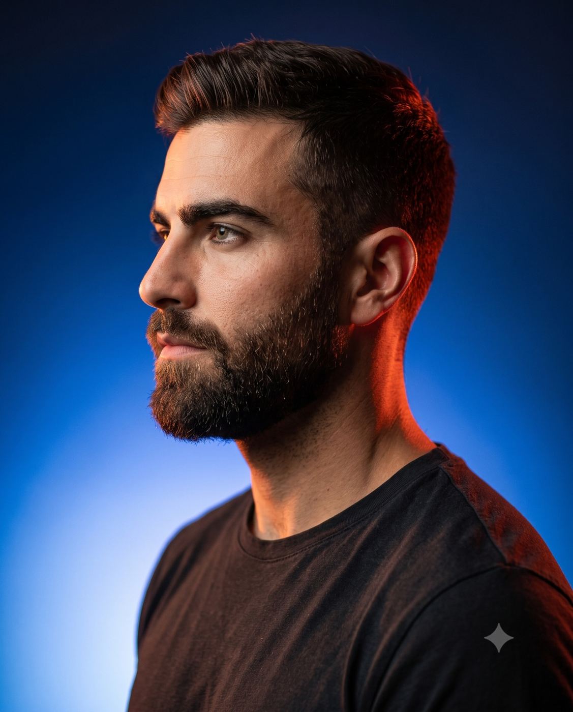 Cinematic Bearded Man Side Profile Portrait AI Photo Editing Prompt. AI generated studio portrait of a handsome bearded man facing sideways with dramatic blue and orange lighting.