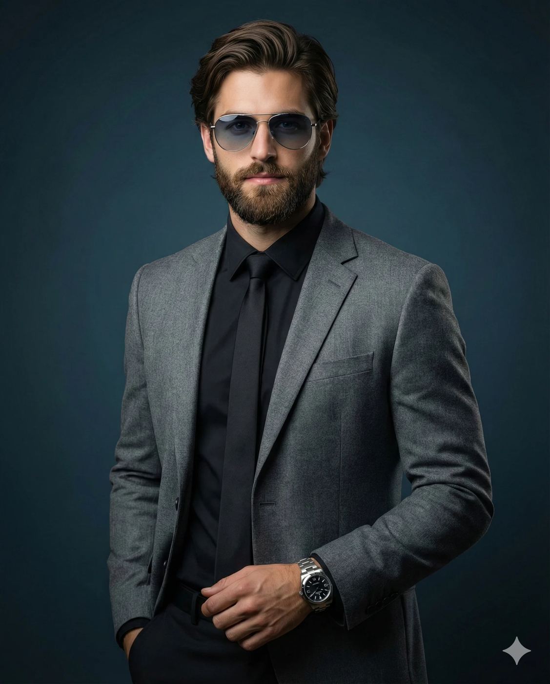 Sharp, confident man in a grey suit and black tie, sporting blue-tinted aviators and a silver watch. He poses against a dark teal backdrop, radiating a modern, high-end executive vibe.