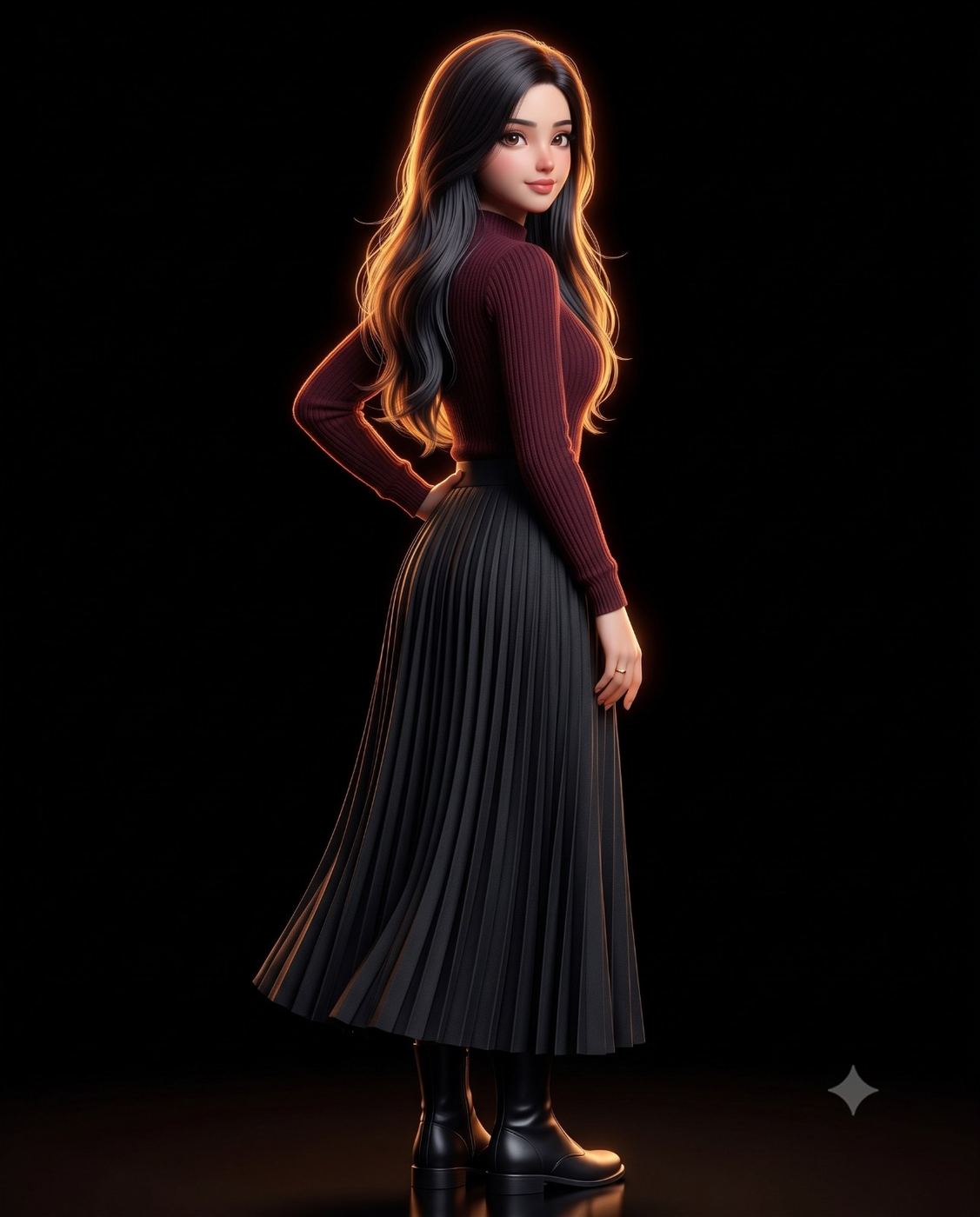 3D Stylized Girl in Burgundy Sweater AI Photo Editing Prompt. AI generated 3D illustration portrait of a beautiful young woman with long dark hair wearing a burgundy turtleneck and a black pleated skirt, standing against a dark background with cinematic rim lighting.   
