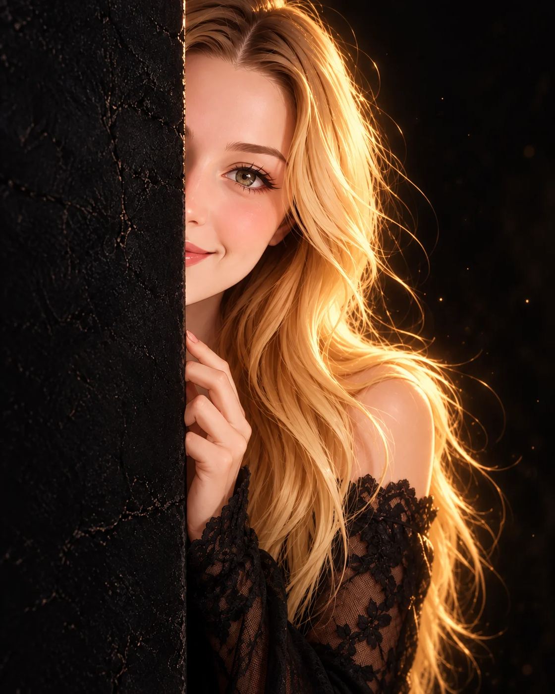 ChatGPT AI Prompt: Cinematic digital artwork of a cute anime-style girl peeking from behind a black wall with golden rim lighting