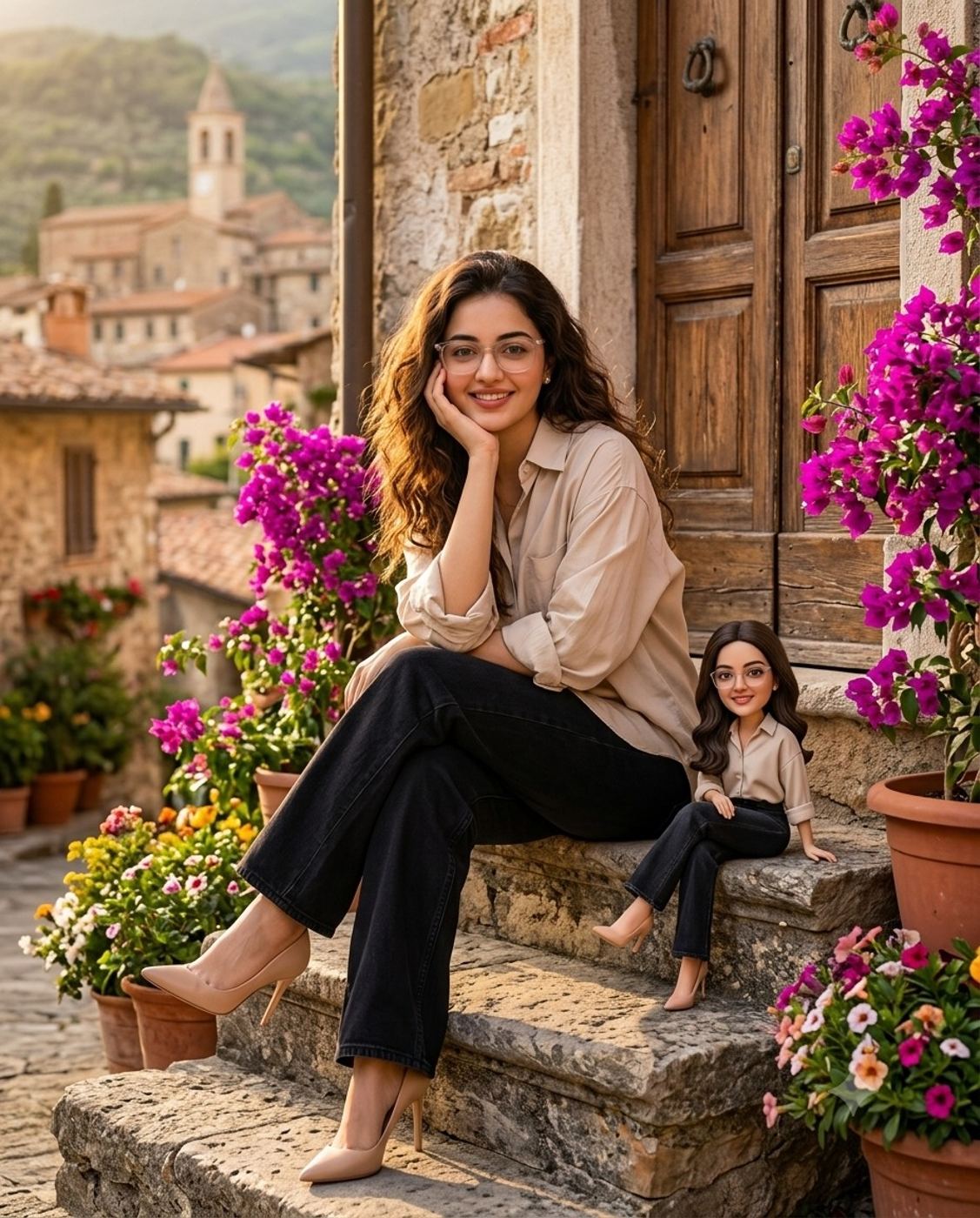 Woman and Mini Me Doll Conceptual Portrait AI Photo Editing Prompt. AI generated lifestyle portrait of a smiling woman in a beige shirt and jeans sitting on rustic stone steps next to a tiny 3D miniature clone of herself in a picturesque European village.