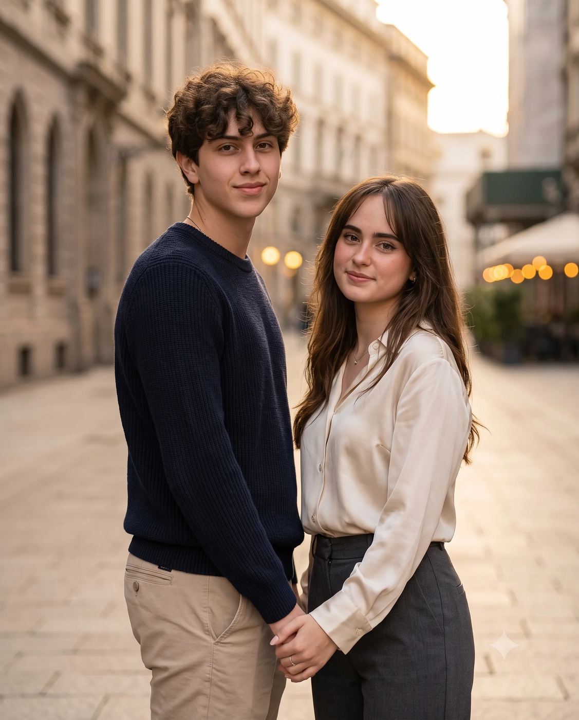Young Couple Street Photography AI Photo Editing Prompt. AI generated outdoor portrait of a young couple holding hands on a paved European street during the golden hour with warm background bokeh.
