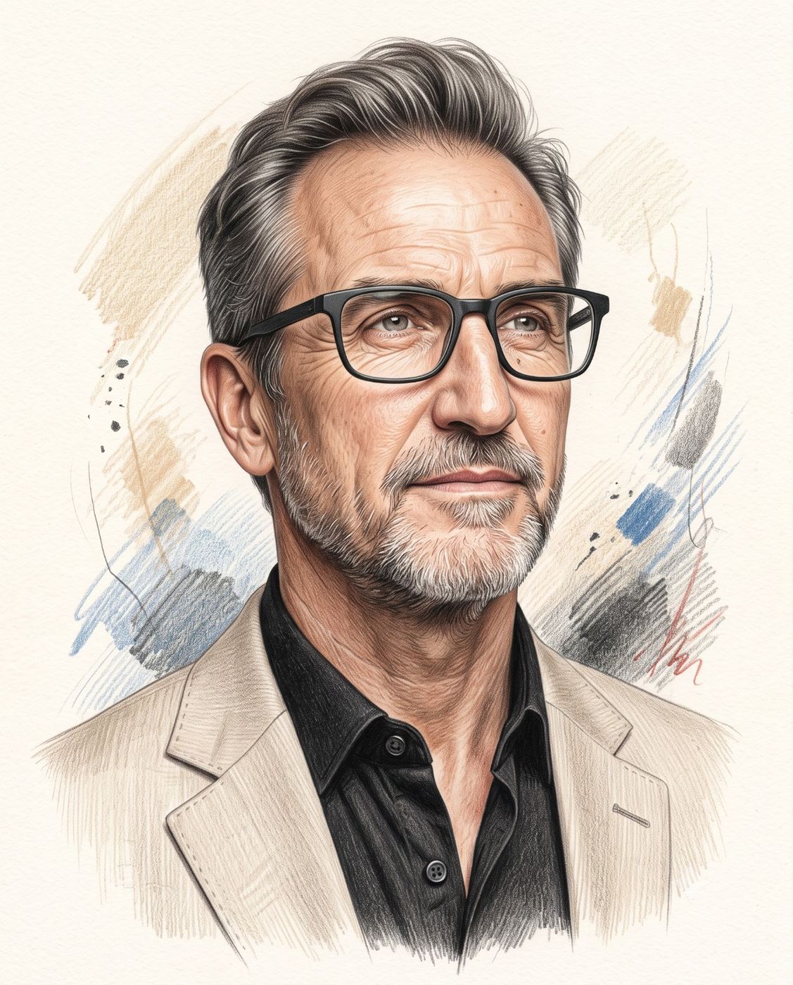 Pencil Portrait of Man with Glasses AI Photo Editing Prompt. AI generated realistic colored pencil portrait of a distinguished silver-haired man with black-rimmed glasses wearing a beige blazer over a black shirt.