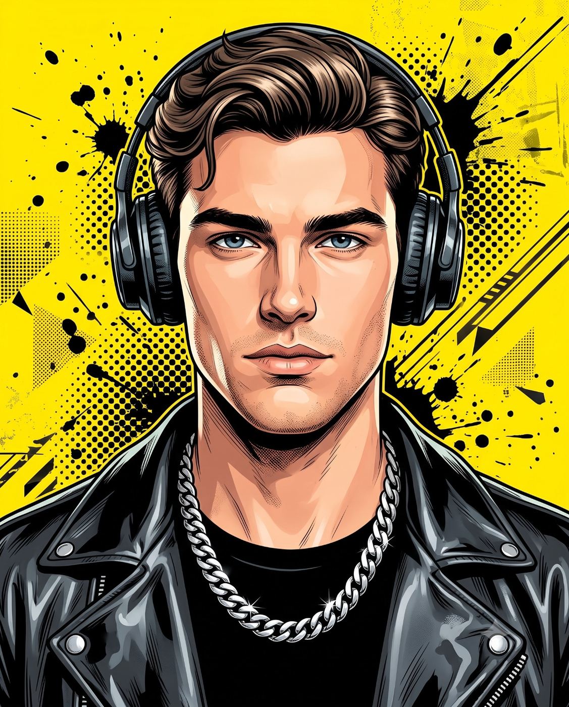 Pop art comic style illustration of a stylish man with headphones AI Photo Editing Prompt. AI generated digital illustration of a handsome young man wearing a black leather jacket and silver chain, listening to headphones against a vibrant yellow background with black splatters and halftone dots.