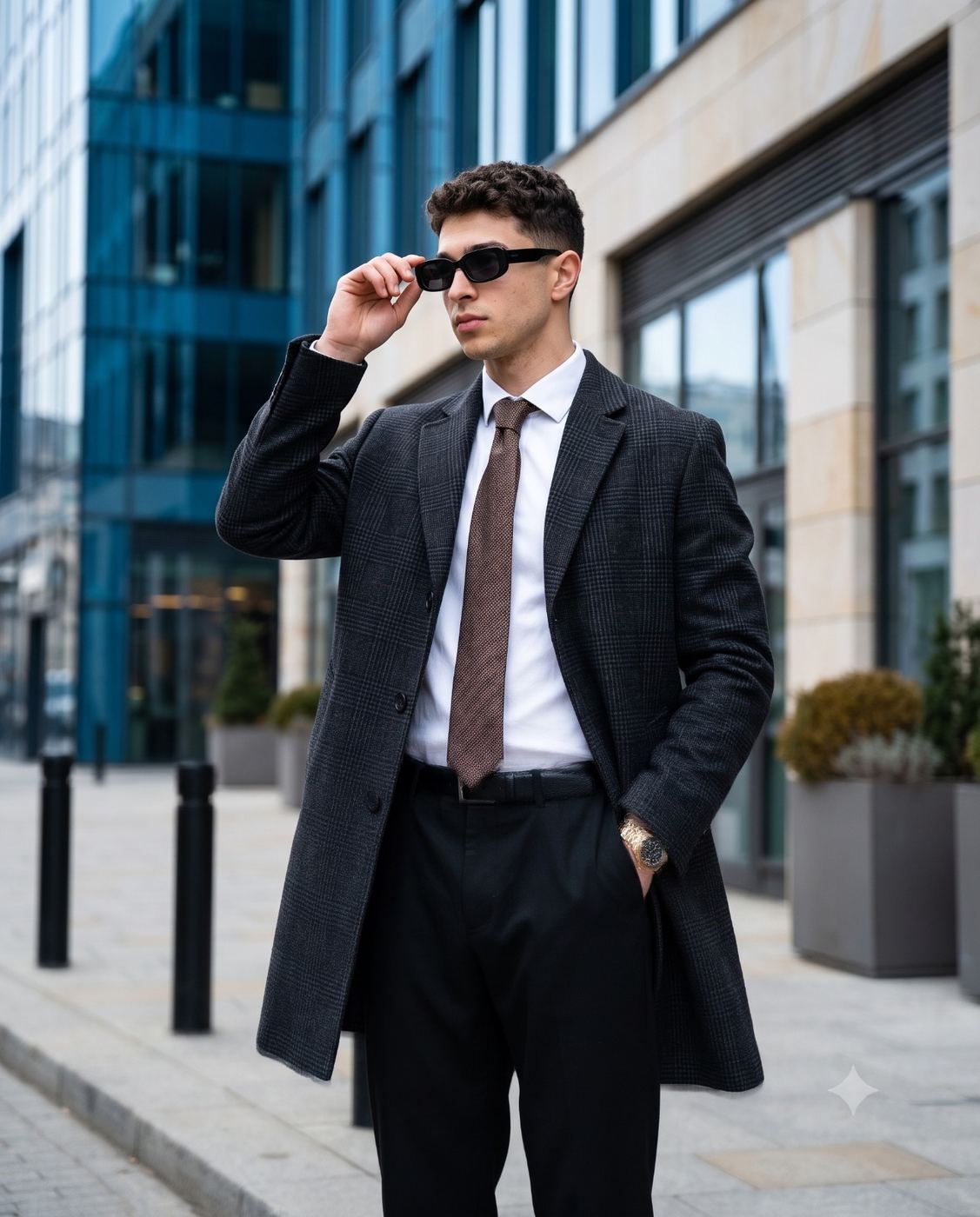 Man in Overcoat and Sunglasses on City Street AI Photo Editing Prompt. AI generated street style portrait of a stylish man in a plaid overcoat and tie adjusting his sunglasses on a city sidewalk.
