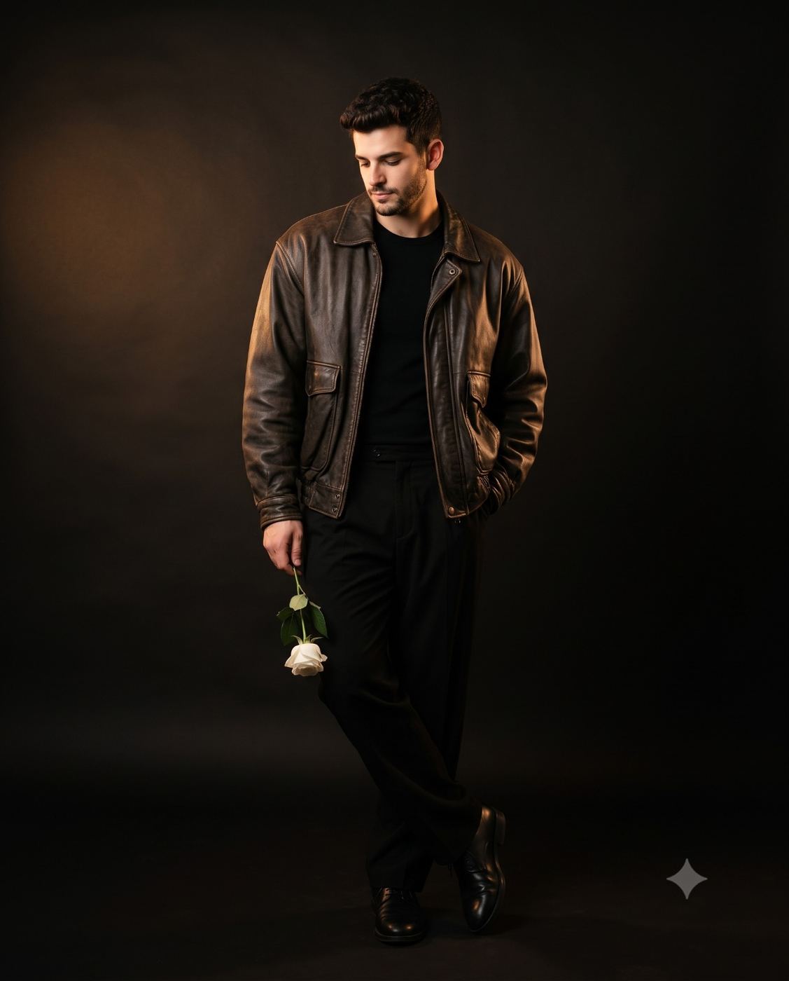 Man in leather jacket with white rose AI Photo Editing Prompt. AI generated cinematic studio portrait of a handsome man in a vintage brown leather jacket and black outfit looking down at a single white rose in moody lighting.   