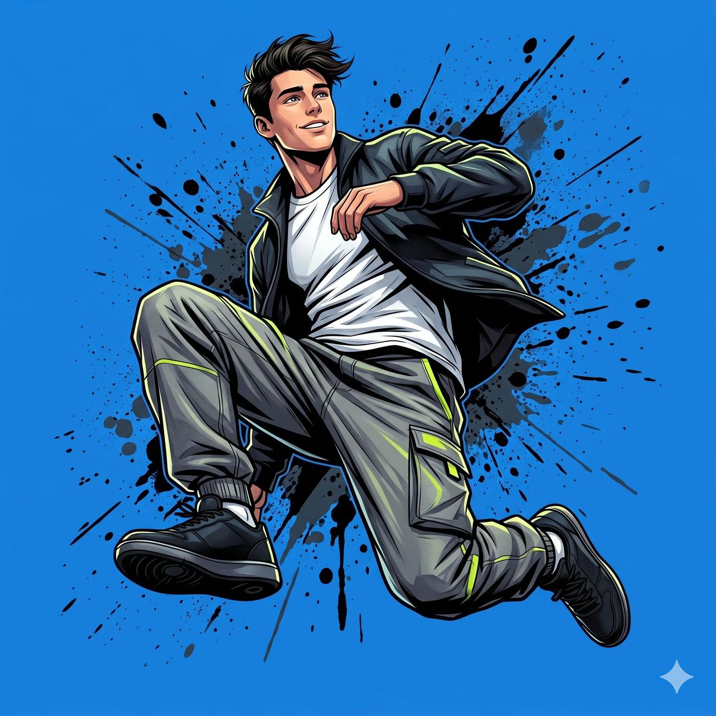 Jumping Guy in Streetwear Vector Art AI Prompt. AI generated digital illustration of a smiling young man in a black jacket and grey cargo pants jumping dynamically against a bright blue background with black ink splatters.