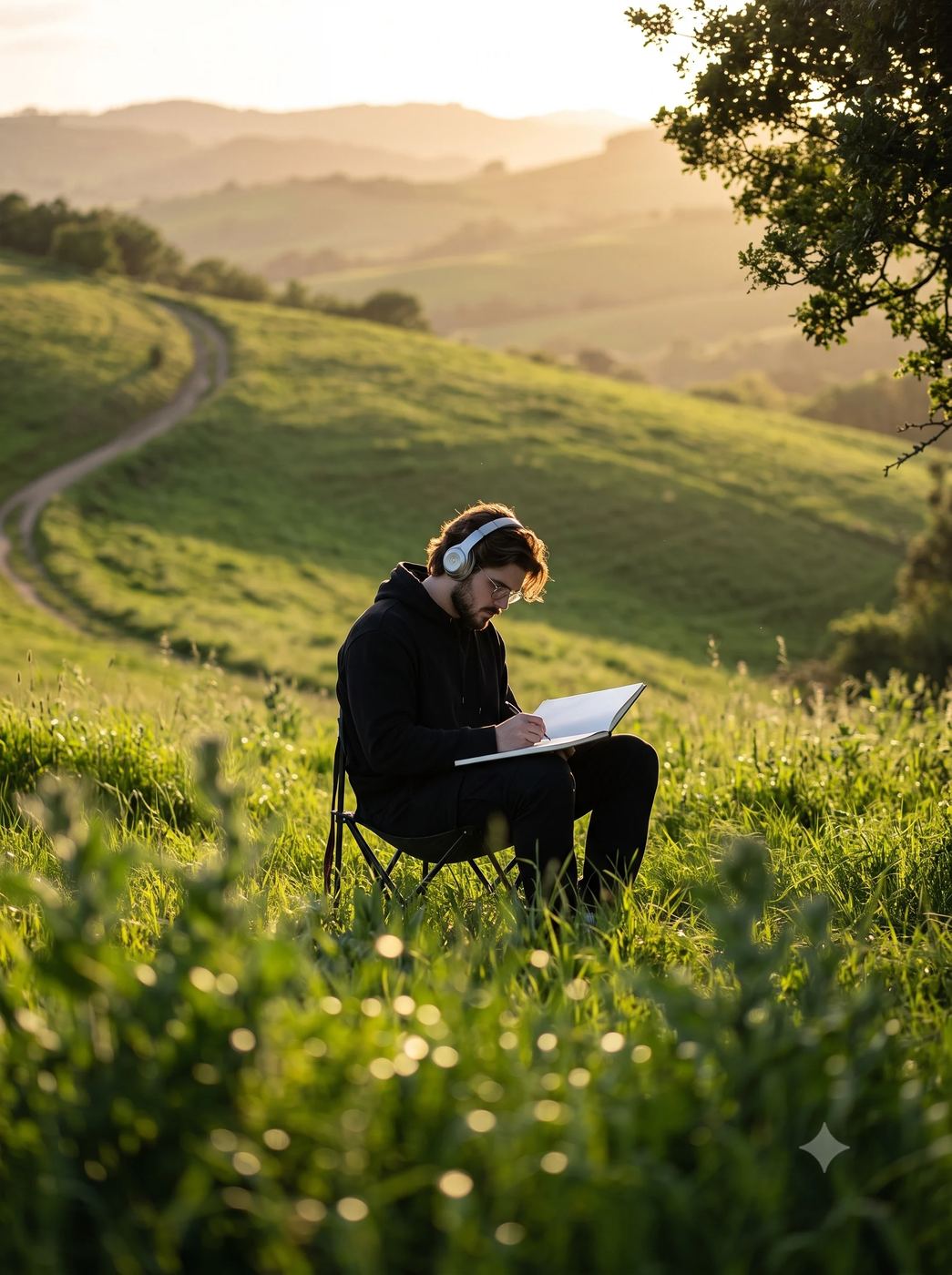 AI Photo Editing Prompt: Ultra-realistic telephoto image of a man wearing glasses and headphones studying in a lush green valley during warm sunset lighting.