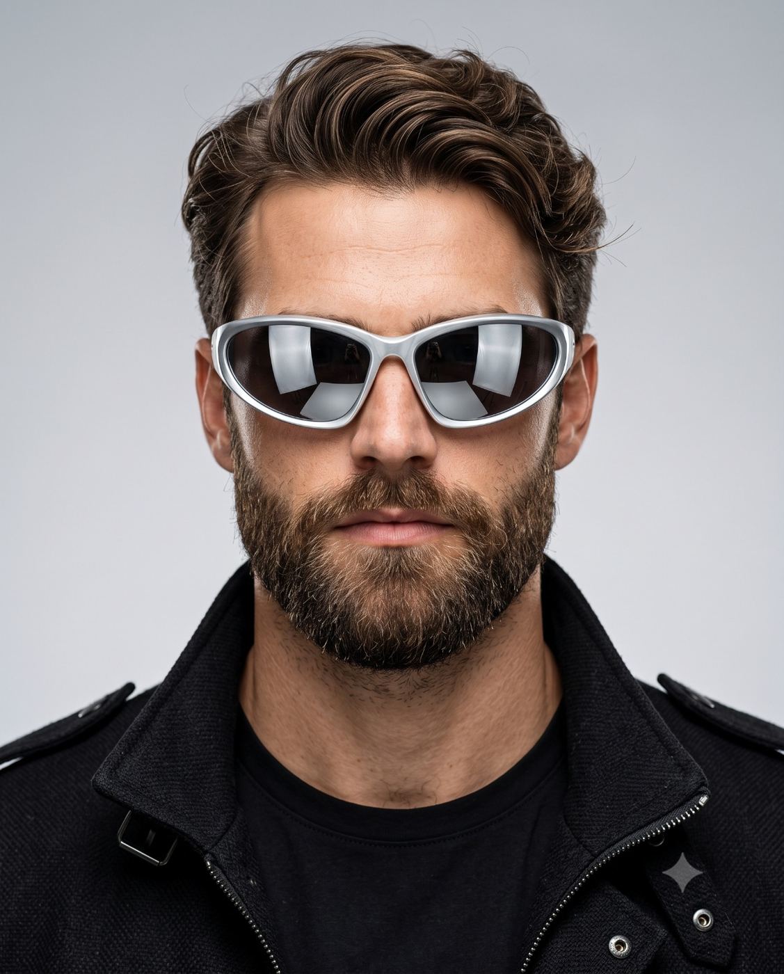 Bearded Man in Futuristic Sunglasses Studio Portrait AI Photo Editing Prompt. AI generated studio portrait of a handsome bearded man wearing sporty silver sunglasses and a black jacket against a grey background.