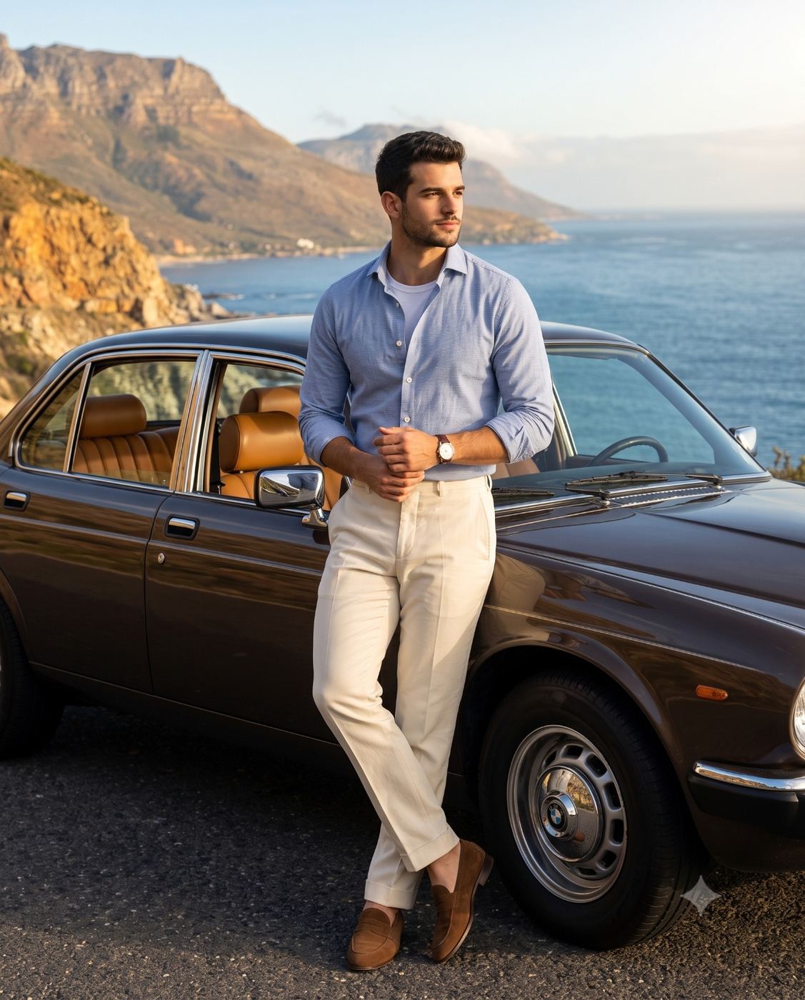 Man and Vintage Car Coastal Lifestyle AI Photo Editing Prompt. AI generated outdoor portrait of a stylish man in a blue shirt and cream trousers leaning against a classic car by the ocean.