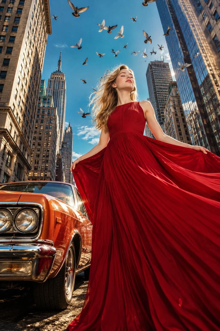 Crimson Gown Beneath Manhattan Skies ChatGPT AI Prompt