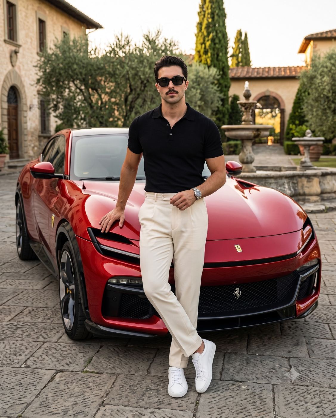 Man in Black Polo Leaning on Red Sports Car AI Photo Editing Prompt. AI generated luxury lifestyle portrait of a mustached man in sunglasses, black polo shirt, and cream trousers leaning against a red sports car in an Italian villa courtyard.