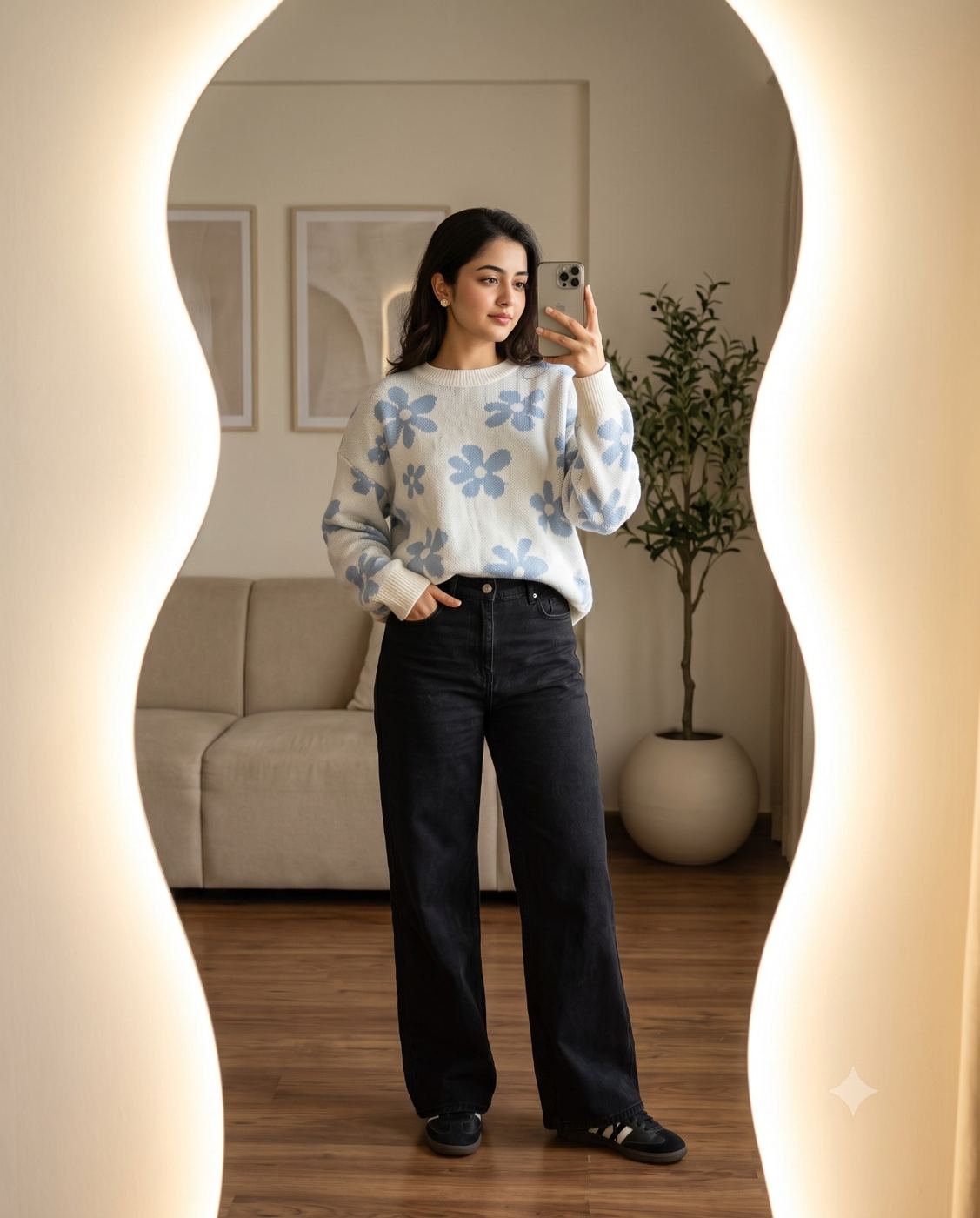 Aesthetic lifestyle mirror selfie portrait of a indian woman in a floral sweater AI Photo Editing Prompt. AI generated lifestyle photography of a young stylish woman taking a phone selfie in a glowing wavy mirror inside a minimalist room.