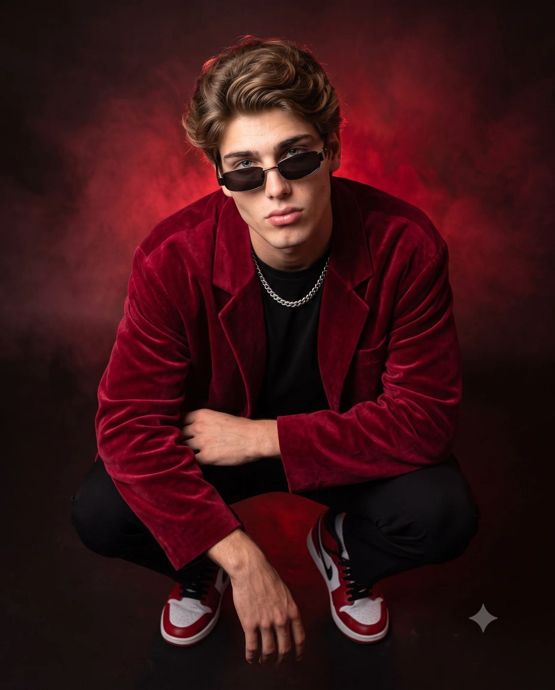 Urban Fashion AI Photo Editing Prompt. AI generated studio portrait of a young man crouching in a red velvet blazer and sunglasses against moody red fog.