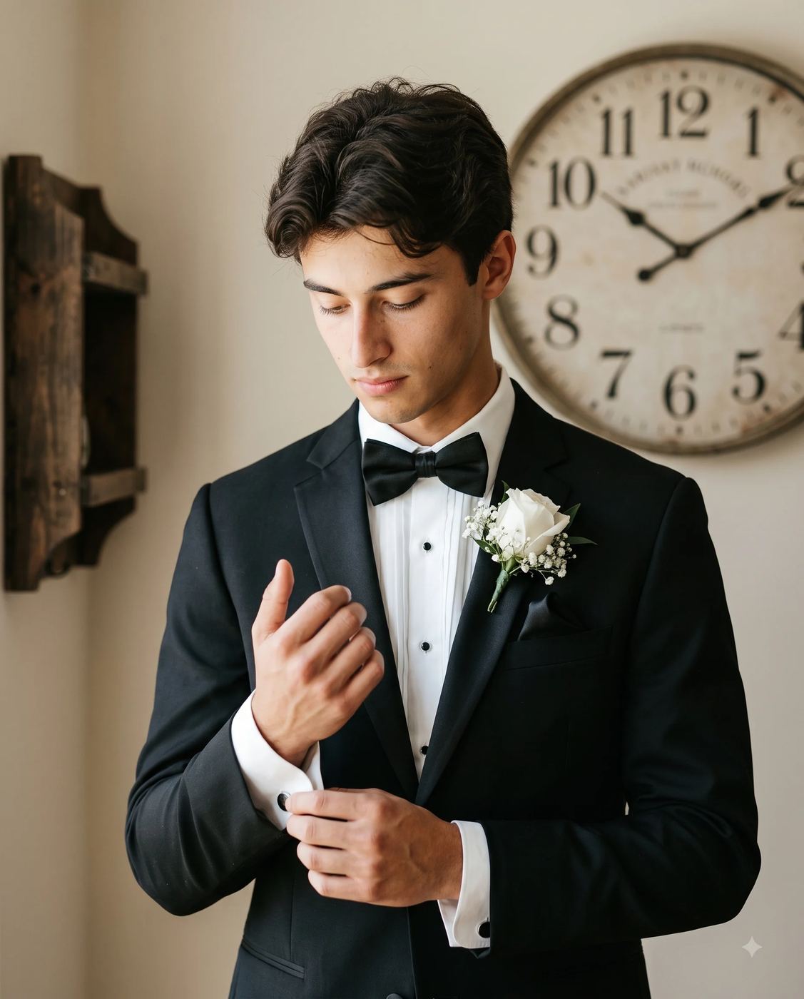 Cinematic groom tuxedo portrait AI Photo Editing Prompt. AI generated portrait of a handsome groom in a black tuxedo and white rose boutonniere adjusting his cufflinks.