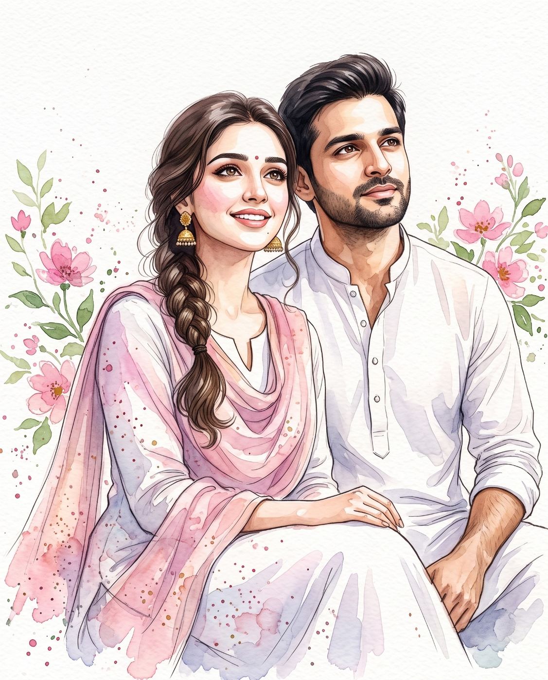 Indian Couple Watercolor Portrait AI Photo Editing Prompt. AI generated digital watercolor illustration of a smiling Indian couple in traditional white and pink attire surrounded by soft floral accents.