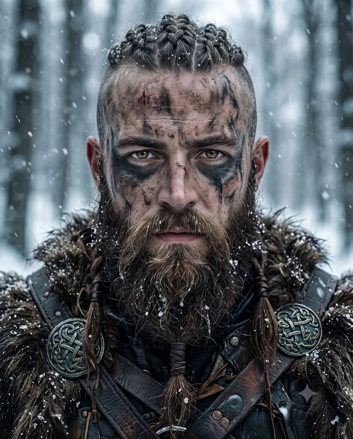 AI Prompt: Hyperreal portrait of a Scandinavian Viking with crown braids, dirt, and facial scars, wearing leather and fur in a blizzard.