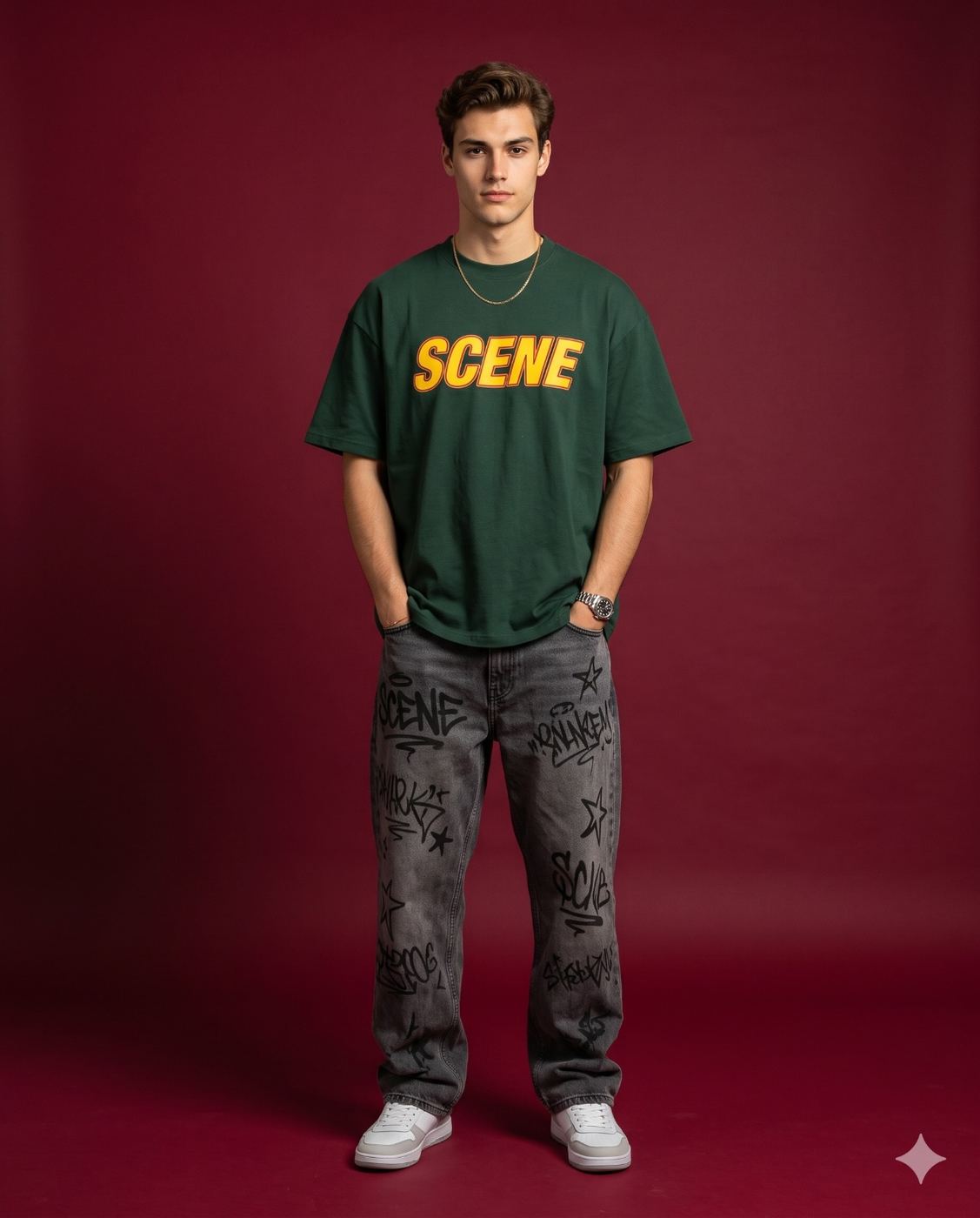Young Man in Green Graphic Tee and Graffiti Jeans Studio Portrait AI Photo Editing Prompt. AI generated studio portrait of a handsome bearded man wearing an oversized green t-shirt and printed grey jeans standing with hands in pockets against a solid maroon background.