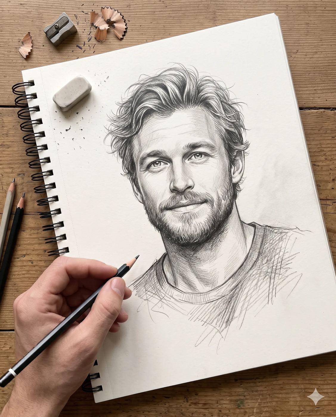 AI Photo Editing Prompt: Black-and-white pencil drawing of a man with wavy hair on a textured spiral sketchbook.