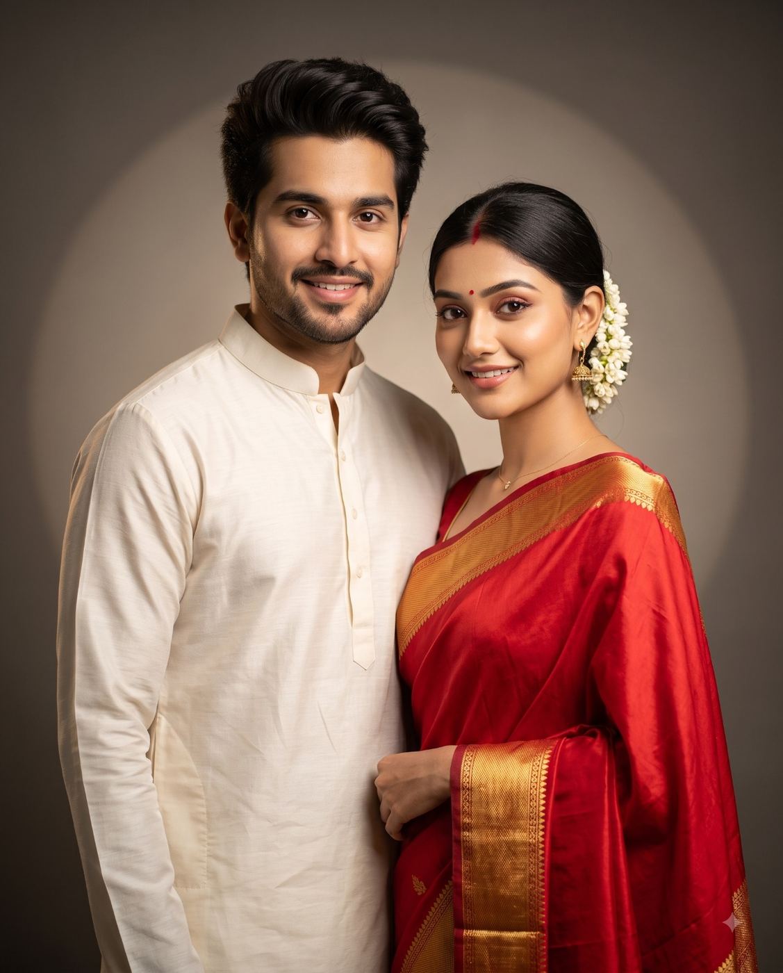 Indian Couple in Traditional Wear AI Photo Editing Prompt. AI generated studio portrait of a smiling man in a cream kurta standing with a woman in a red saree and jasmine hair garland.