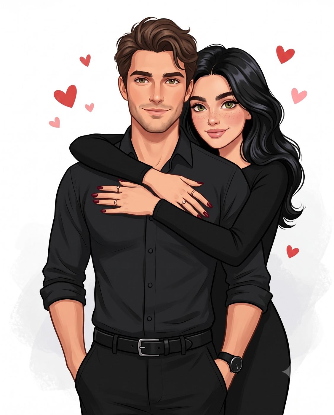 Romantic Couple in Matching Black Outfits Manhwa-style Digital Illustration AI Photo Editing Prompt. AI generated Digital Illustration of a young couple in a warm embrace with the woman hugging the man from behind, both smiling and wearing matching black shirts, surrounded by floating hearts on a textured background.