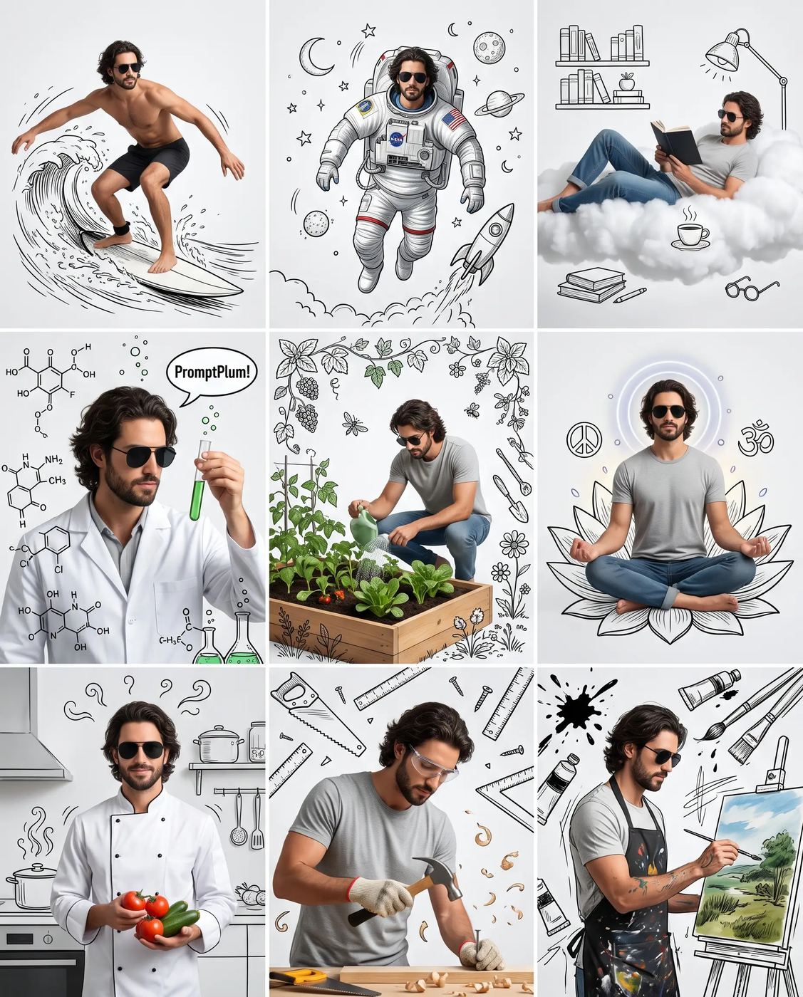 9-Grid Doodle Line Art Collage AI Photo Editing Prompt. AI generated digital illustration of a realistic 3D man doing various activities against black and white sketch backgrounds.