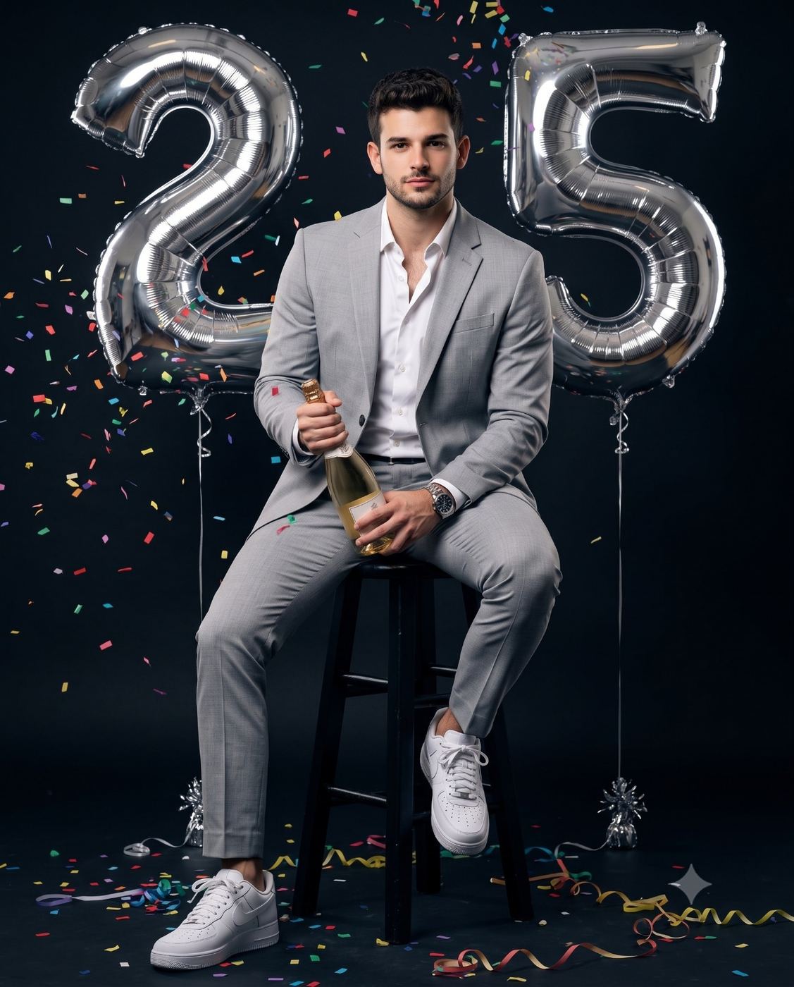 Man in Grey Suit at 25th Birthday AI Photo Editing Prompt. AI generated studio portrait of a bearded man in a grey suit sitting on a stool holding a champagne bottle amid confetti and silver "25" balloons.