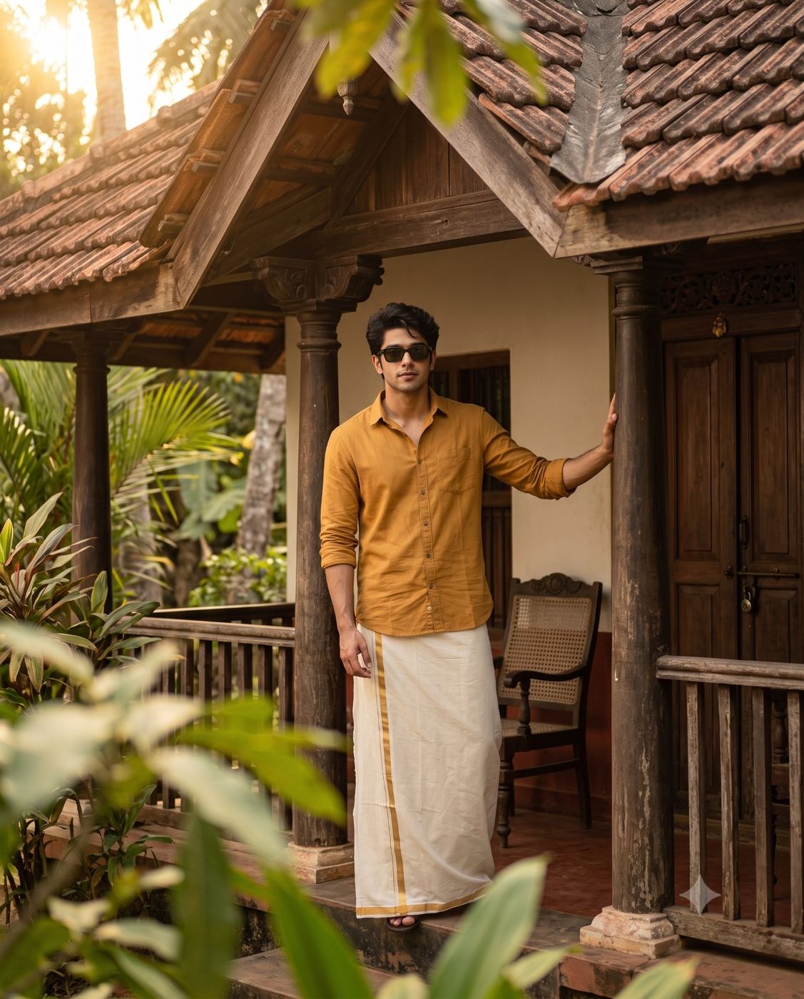 South Indian Man in Traditional Mundu Lifestyle Portrait AI Photo Editing Prompt. AI generated cinematic portrait of a handsome young man wearing sunglasses, a yellow shirt, and a white gold-bordered mundu standing gracefully by a wooden pillar on the porch of a traditional Kerala-style house.