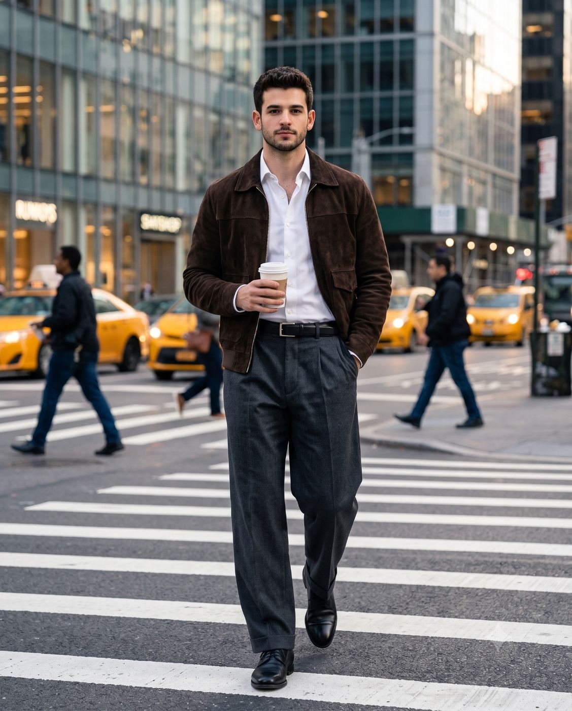 Cinematic street photography of a stylish man on a crosswalk AI Photo Editing Prompt. AI generated realistic portrait of a handsome bearded man in a brown suede jacket and grey trousers walking across a busy city street while holding a coffee cup.