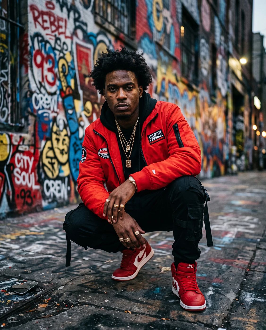 AI Photo Editing Prompt: Photorealistic cinematic portrait of a young man wearing a bright red streetwear jacket, black cargo pants, and red sneakers crouching in front of a colorful graffiti wall.