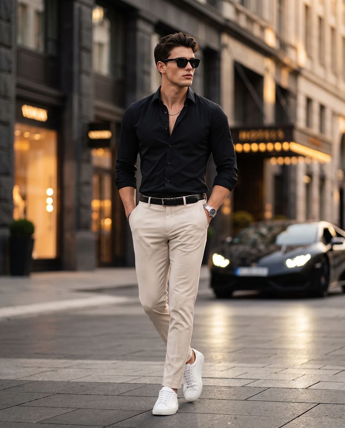 Urban Fashion Photography AI Photo Editing Prompt. AI generated portrait of a stylish man in a black shirt and beige chinos walking on a luxury city street near a sports car.