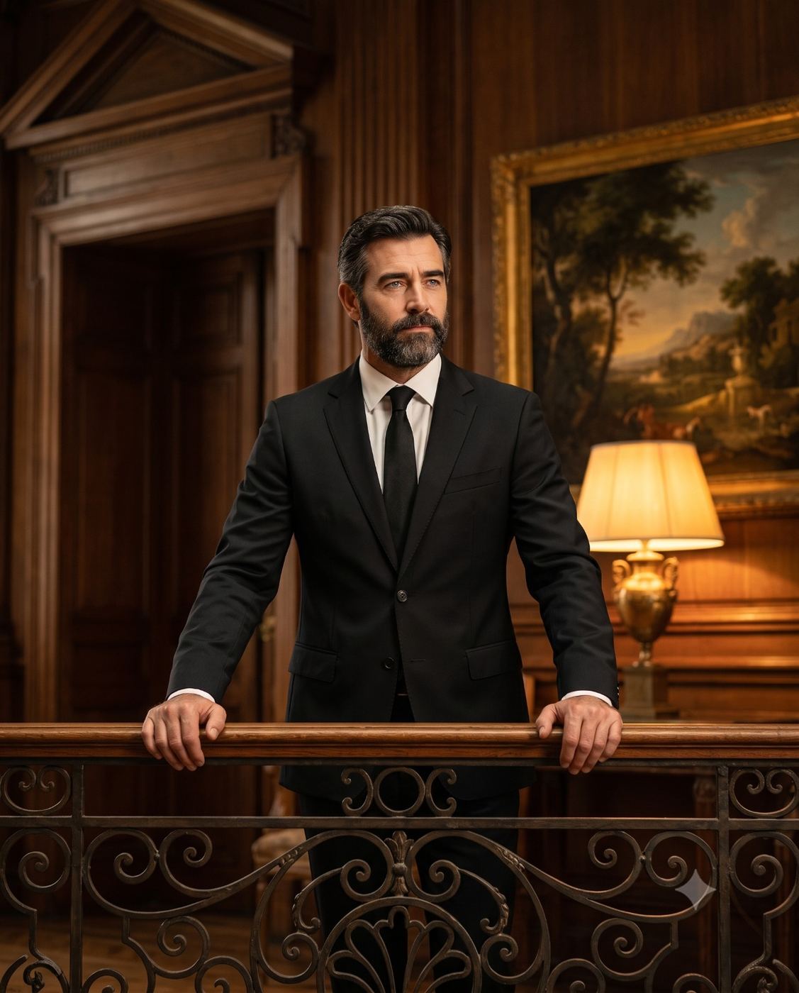 Distinguished man in black suit cinematic portrait AI Photo Editing Prompt. AI generated photorealistic portrait of a handsome bearded gentleman in a formal black suit and tie standing at an ornate metal railing inside a luxurious wood-paneled room.