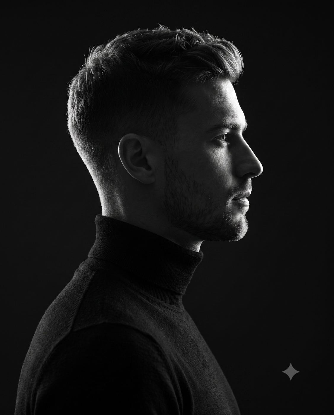 Men's Black & White Dramatic Profile Portrait AI Photo Editing Prompt. AI generated high-quality studio portrait of a man in profile wearing a black turtleneck, featuring stark chiaroscuro lighting on his face.