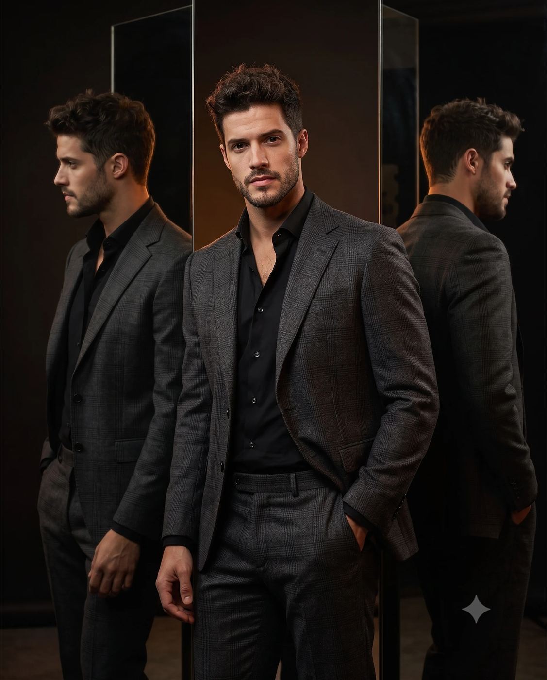 Cinematic Men's Fashion Portrait AI Photo Editing Prompt. AI generated realistic portrait of a man in a charcoal plaid suit and black shirt flanked by mirrors showcasing his profile reflections.