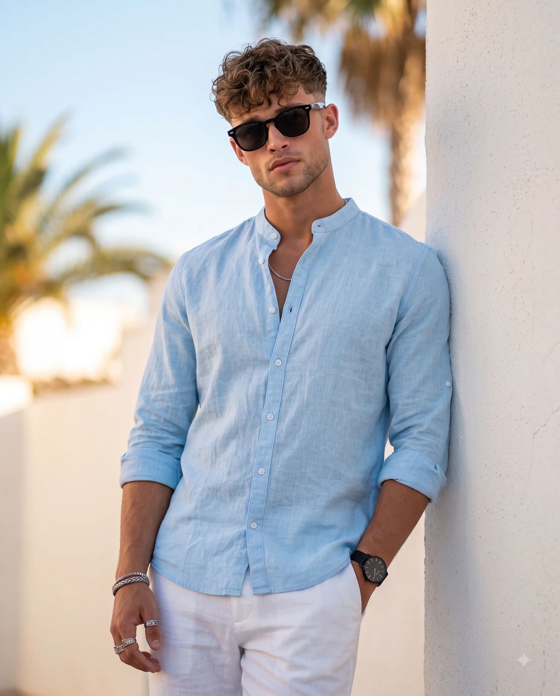 Men's Summer Fashion Portrait AI Photo Editing Prompt. AI generated lifestyle portrait of a stylish man wearing a light blue linen shirt and sunglasses, leaning against a white outdoor wall.