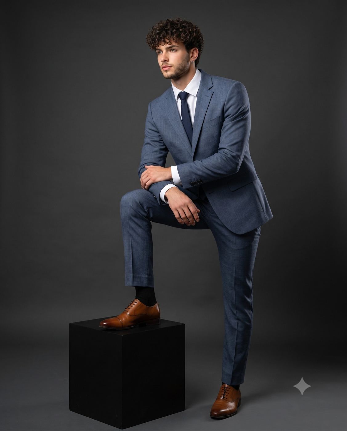 Young Man Blue Suit Portrait AI Photo Editing Prompt. AI generated studio portrait of a pensive young man in a slate-blue suit and brown oxford shoes posing with one foot on a black cube against a dark background.