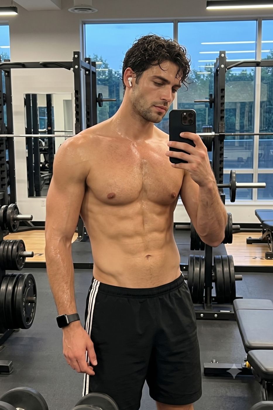 Shirtless Muscular Man Gym Selfie AI Photo Editing Prompt. AI generated gym portrait of a sweaty athletic man taking a mirror selfie.