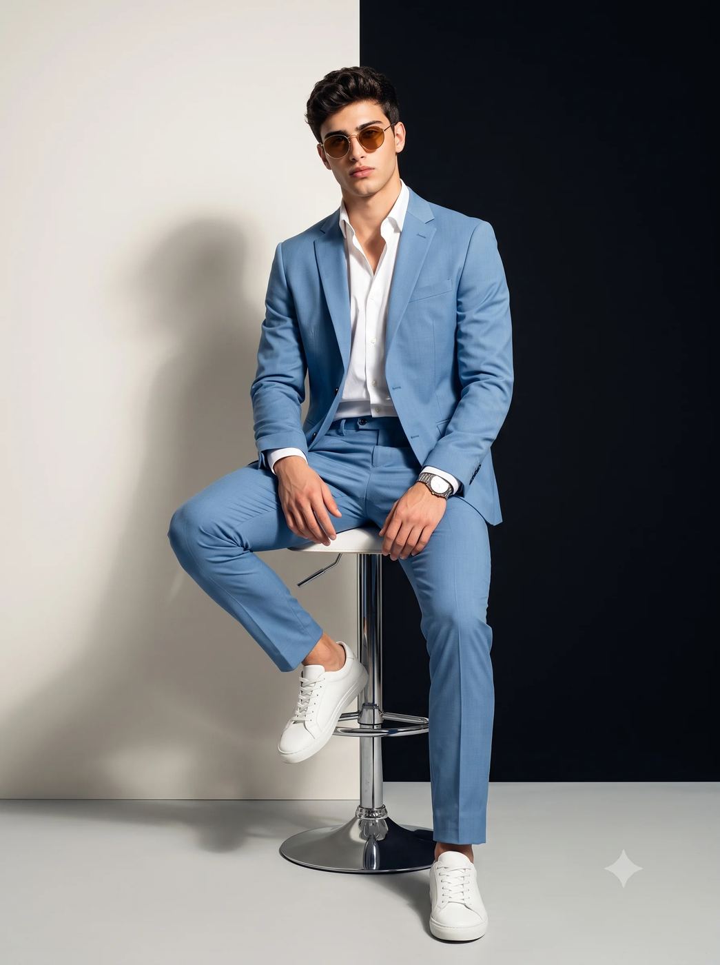 AI Photo Editing Prompt: Handsome man in a sky-blue suit sitting confidently on a white stool with a black and white split background picture.