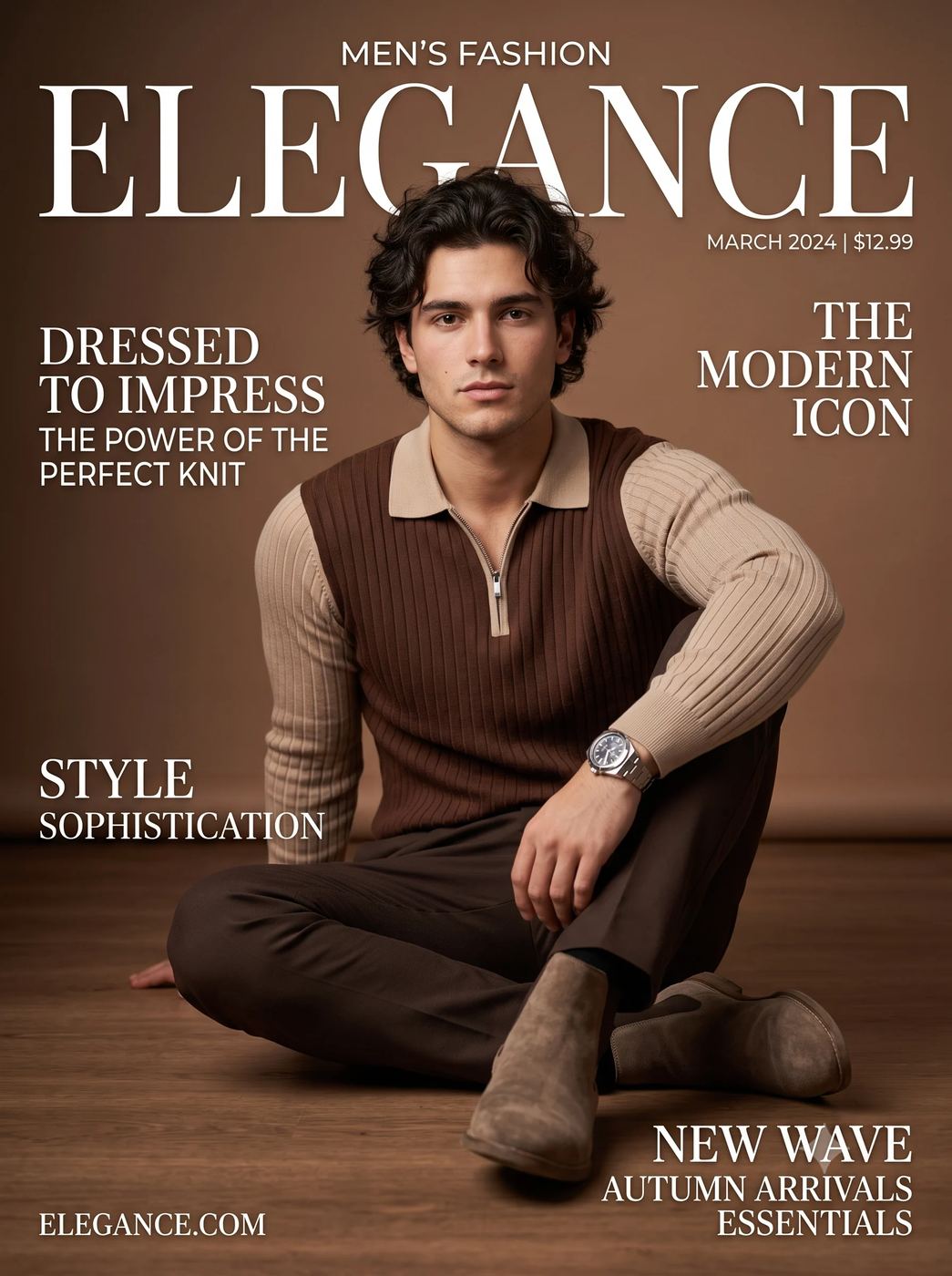 Men's Fashion Magazine Cover AI Photo Editing Prompt. AI generated studio portrait of a male model in brown knitwear sitting on a wooden floor with a magazine cover layout.
