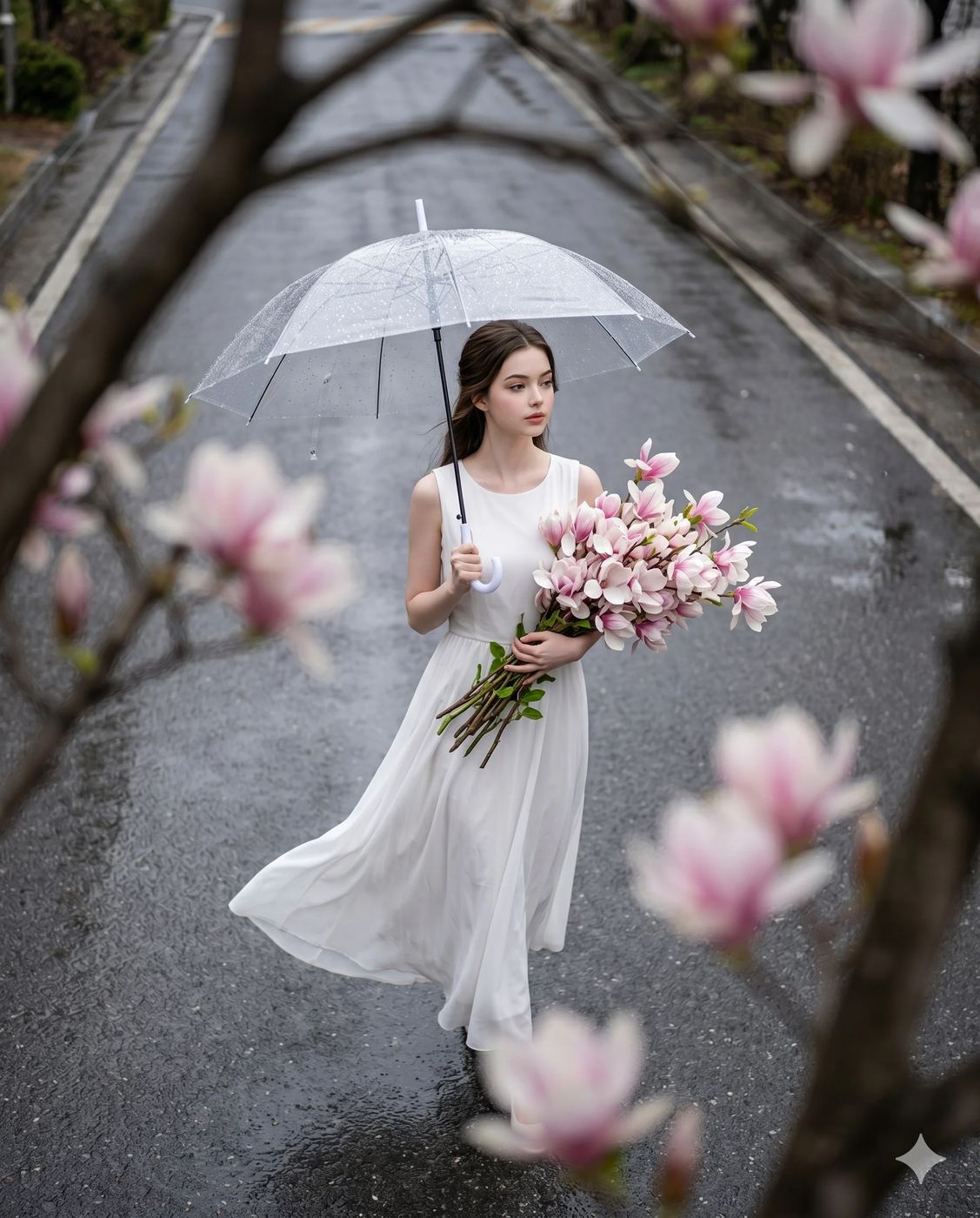AI Photo Editing Prompt. AI generated realistic photograph of a young woman in a white dress walking on a wet road, holding a clear umbrella and a large bouquet of pink magnolias, framed by out-of-focus blossoms.