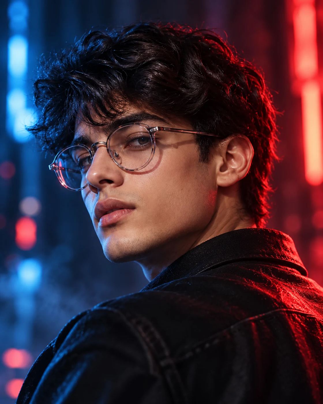 AI Photo Editing Prompt: Cinematic close-up portrait of a young man with wavy hair and transparent sunglasses looking over his shoulder under deep blue and red neon lighting.