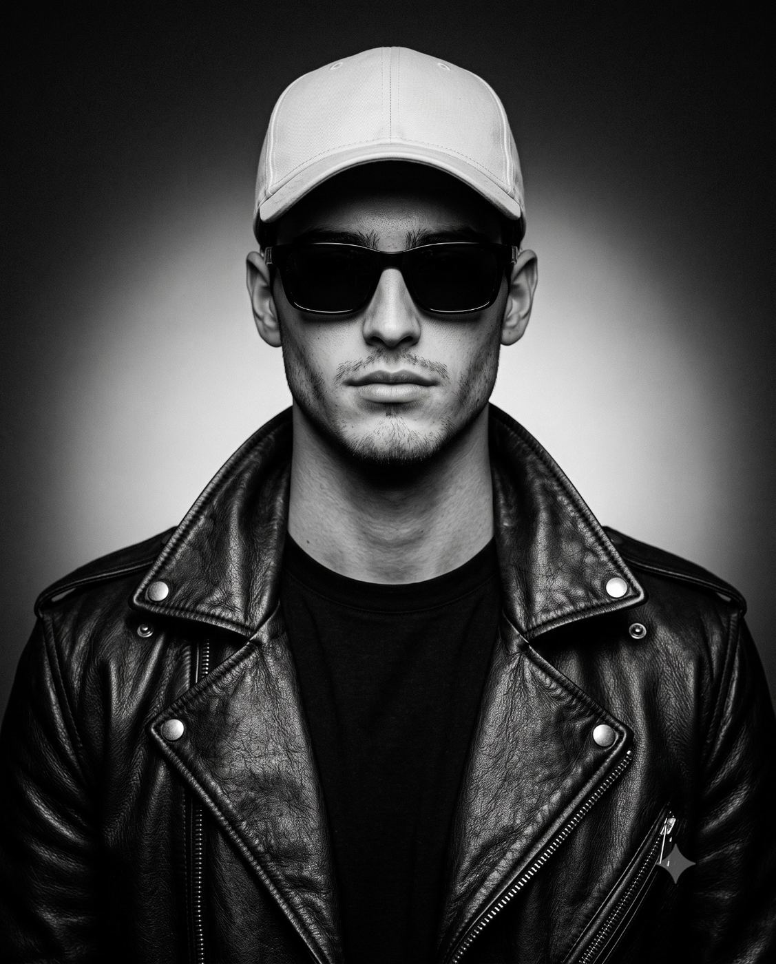 Man in Leather Jacket and Cap B&W Portrait AI Photo Editing Prompt. AI generated black and white studio portrait of a cool young man wearing a white baseball cap, dark sunglasses, and a black leather biker jacket.