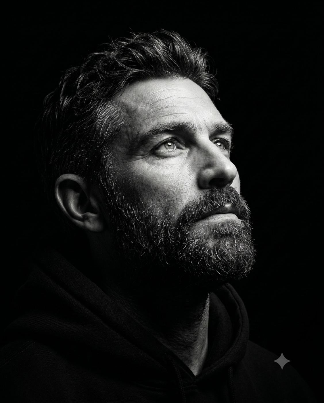 Contemplative Bearded Man in Black & White Portrait AI Photo Editing Prompt. AI generated close-up monochrome portrait of a contemplative bearded man with detailed texture and an intense upward gaze against a black background.