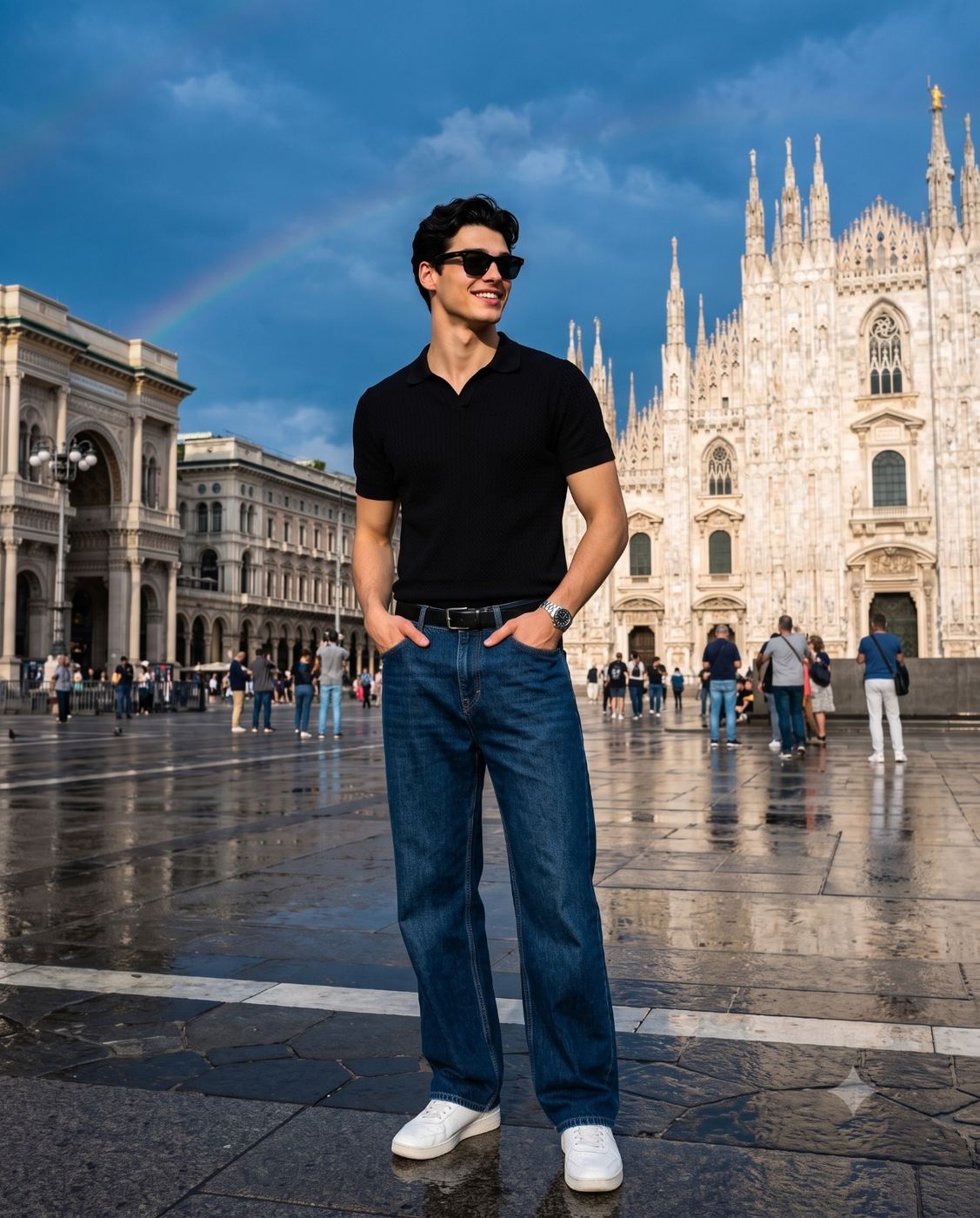 Man in Milan Piazza Fashion Photo AI Photo Editing Prompt. AI generated street portrait of a smiling man in a black knit polo and loose blue jeans standing on wet pavement in front of Milan Cathedral with a rainbow visible.