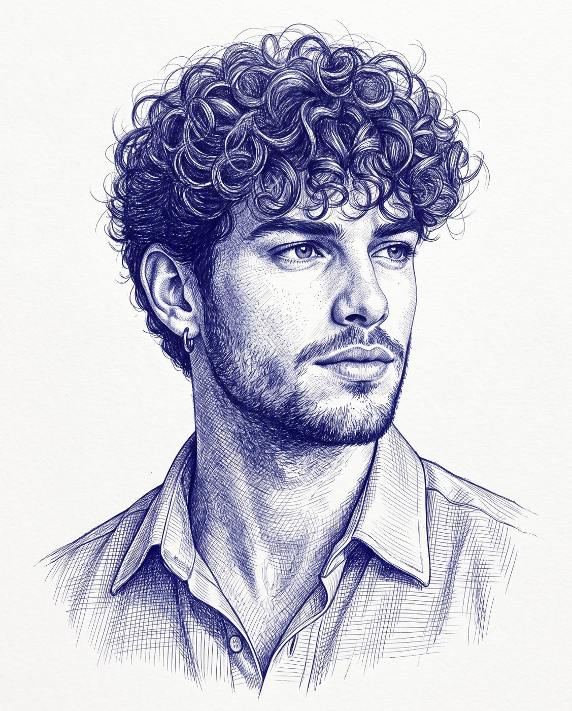 Blue ballpoint pen sketch portrait of a bearded man AI Photo Editing Prompt. AI generated digital illustration of a handsome young man with textured hair and a short beard drawn in detailed blue ink crosshatching.