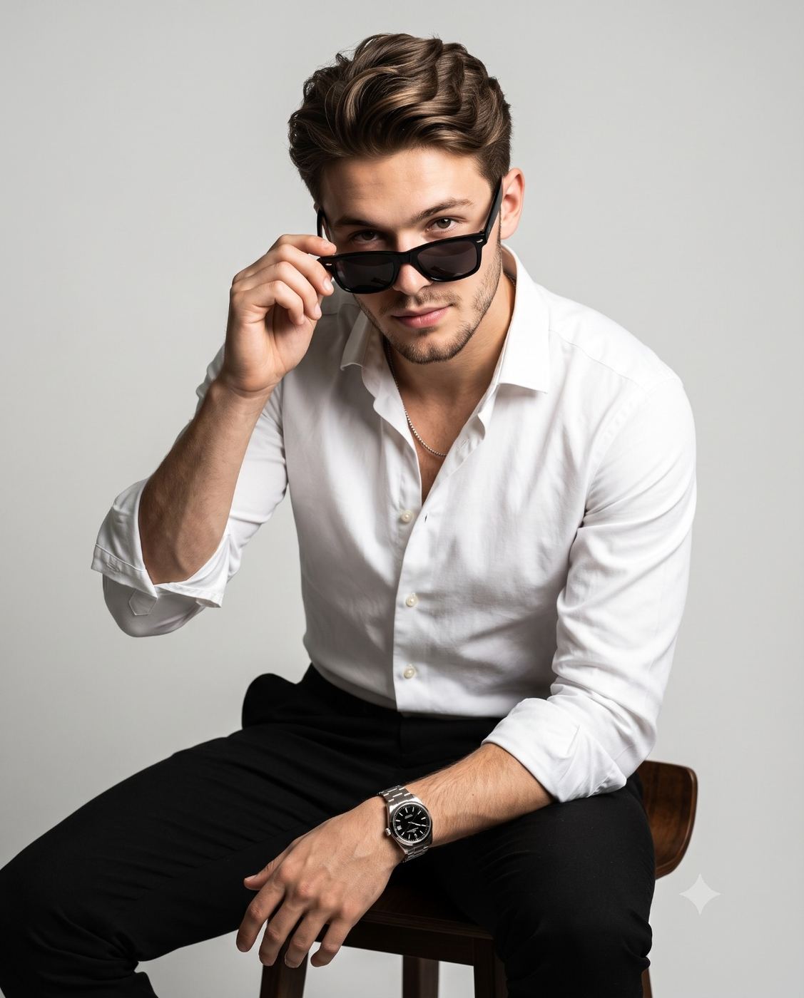 Stylish Man Lowering Sunglasses AI Photo Editing Prompt. AI generated studio portrait of a handsome young man in a crisp white shirt and black trousers, sitting on a wooden stool and looking over his black square sunglasses.