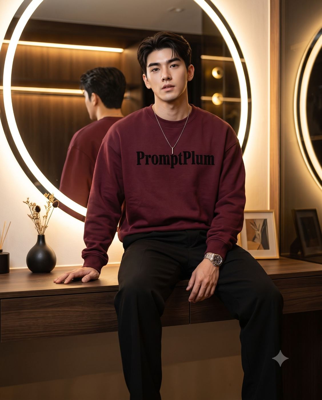 Man in Maroon Sweatshirt Mirror Reflection Portrait AI Photo Editing Prompt. AI generated lifestyle portrait of a man in a maroon graphic sweatshirt and black pants sitting on a vanity counter beside a glowing circular mirror.