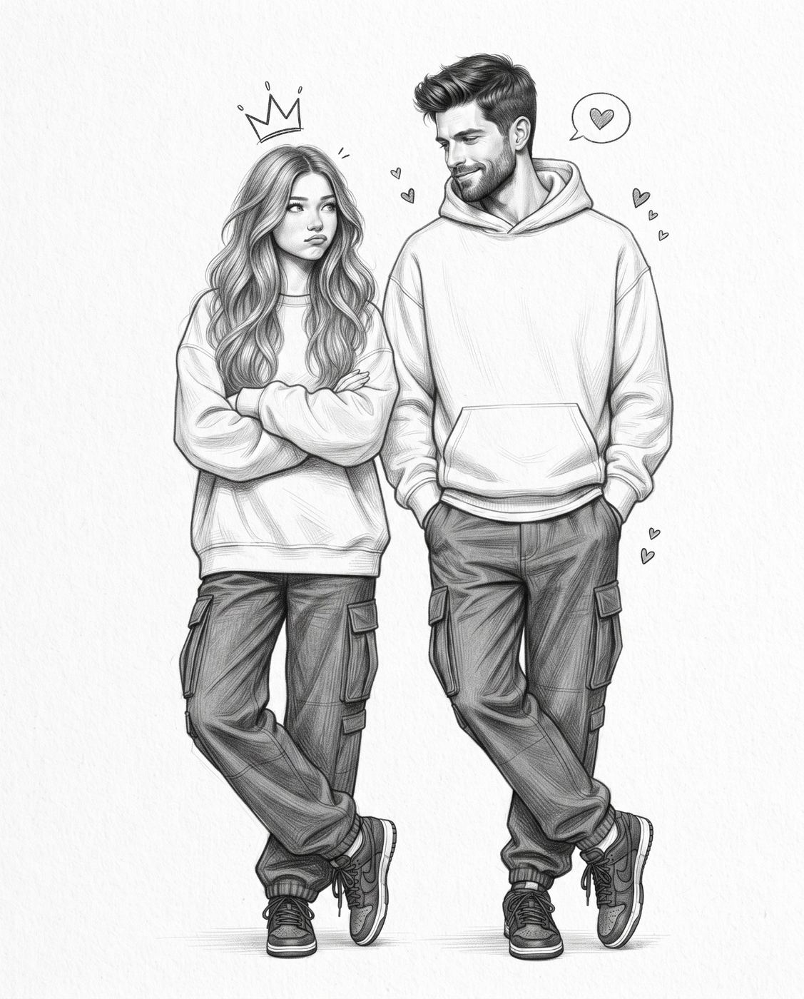 Crown Girl and Heart-Struck Boyfriend Sketch AI Photo Editing Prompt. AI generated pencil illustration of a couple in oversized hoodies, the girl crossing her arms under a doodled crown while the boy smiles with a heart speech bubble beside him.